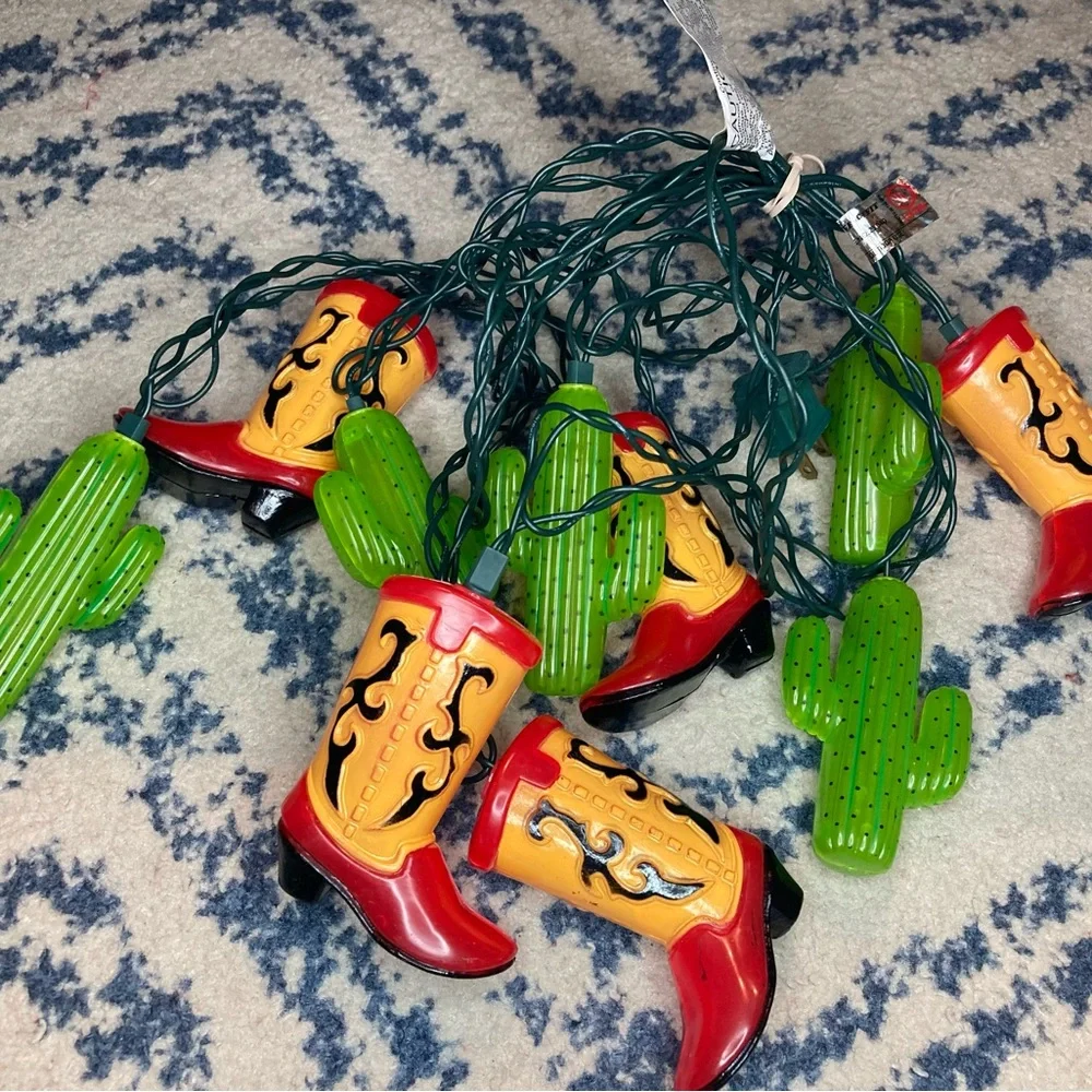 Vintage Party Lights Cowboy Boots And Cactus 14” 10 Lights Vtg RV